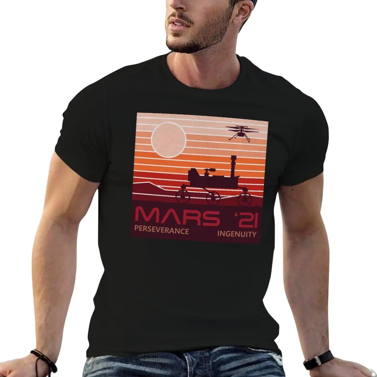 Mars landing Feb 18 2021 Perseverance rover Ingenuity drone T-Shirt cotton tshirt 100% men t shirt cotton 100% T-Shirt