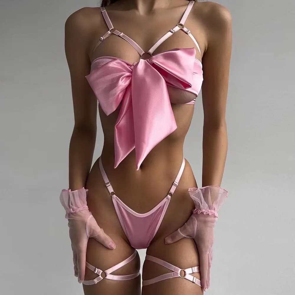 Set di lingerie da donna sexy, reggiseno cavo con fiocco piccante e biancheria intima con lacci, completo erotico in raso da 3 pezzi con supporto con ferretto