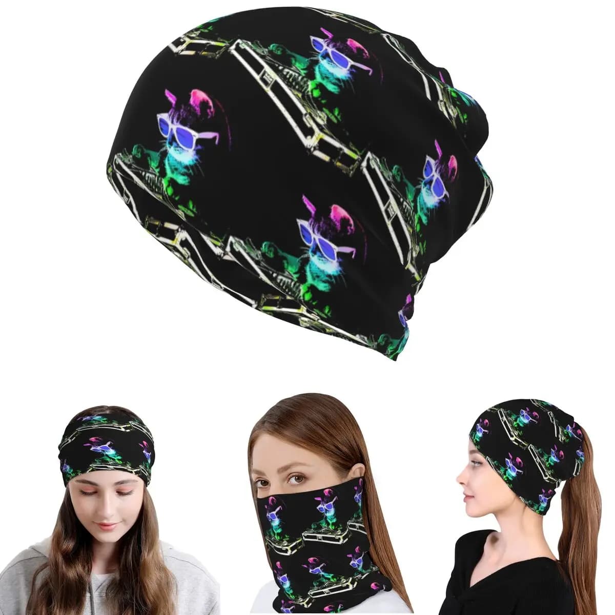 House Cat Rainbow Dj Kitty Bandana Neck Gaiter Wrap Scarf Maschera multiuso per il viso, berretto, cappello per uomo, donna, adulto, per tutte le stagioni