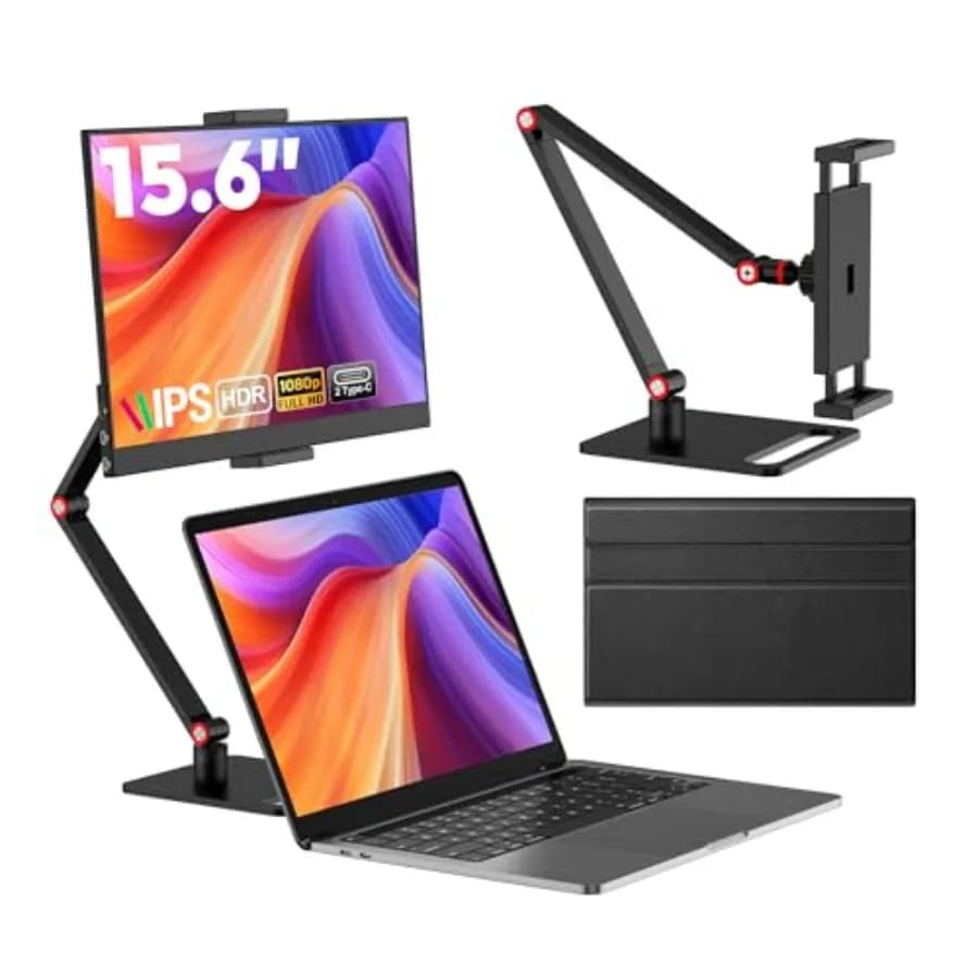 Portable monitor for travel and office use, IPS panel, black, ultra-slim design with adjustable stand and eye protection