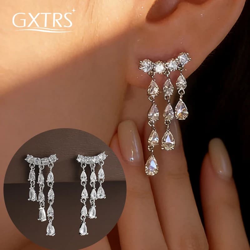 Orecchini Pendenti GXTRS con Moissanite a Goccia per Donne, Argento S925, Diamanti Sintetici Scintillanti, Lunghi Orecchini a Nappina, Gioielli Raffinati per Matrimoni