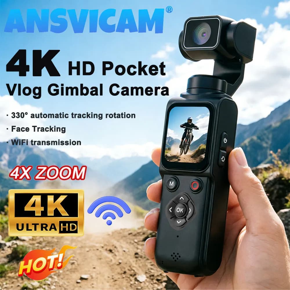 ANSVICAM 4K Wifi Pocket Vlogging Camera 330 ° Videocamera Sportiva Portatile con Schermo Touch Rotante Automatico e Tracciamento del Viso