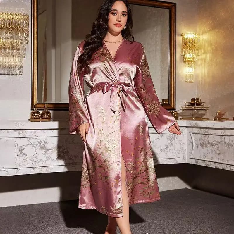 Ladies Pink Cherry Print Sleepwear Thin Robe Home Clothes Soft Comfortable Nightgown for Women