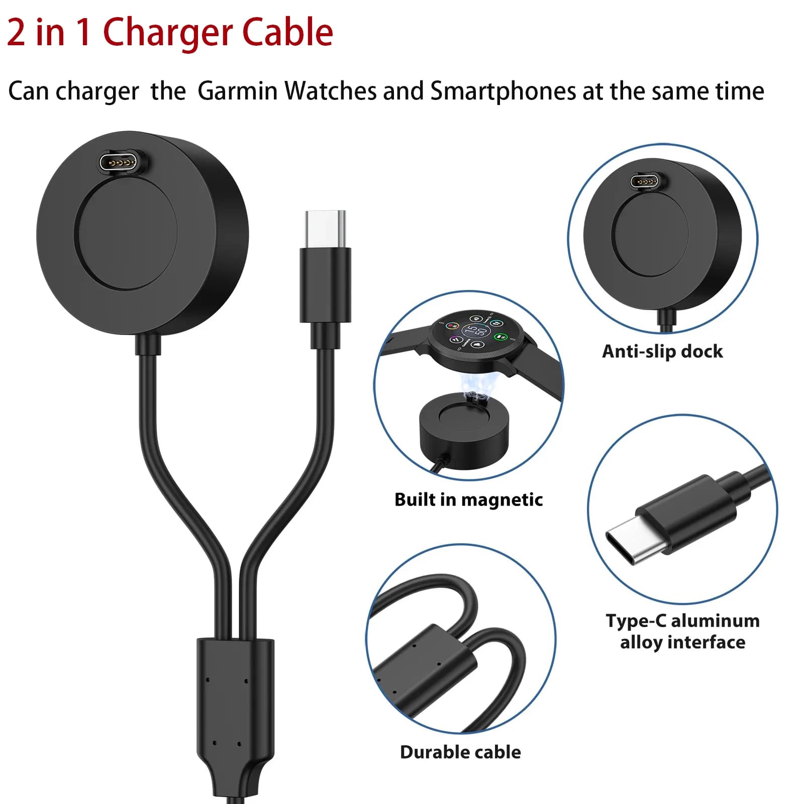 Spina di tipo C 2 in 1 con cavo caricabatterie per Garmin fenix 7 6 5X Plus/Venu 2 sq 2 3s Dock di ricarica per Vivoactive 4/Forerunner 945