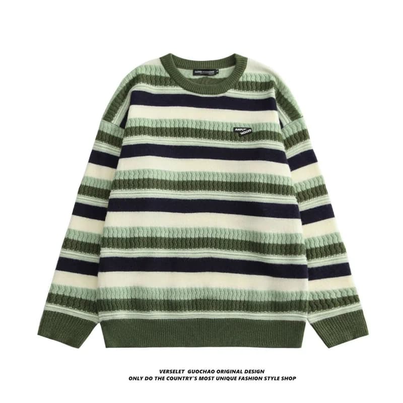 Women's New Spliced pullover Round Neck Fashionable Loose and Versatile Casual Knitted Striped Sweater