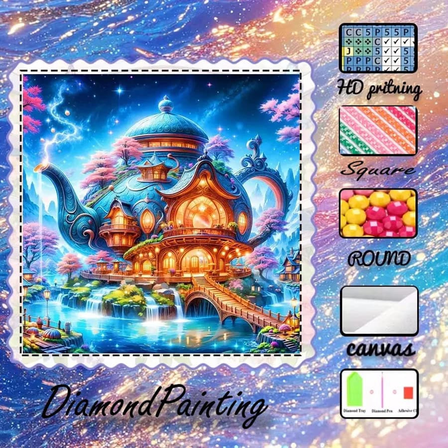 1 pezzo - 5D-DIY - Tessuto floccato - Punta speciale - Set per pittura con diamanti - Teapot, Fantasy - Mosaico - Diamond Art