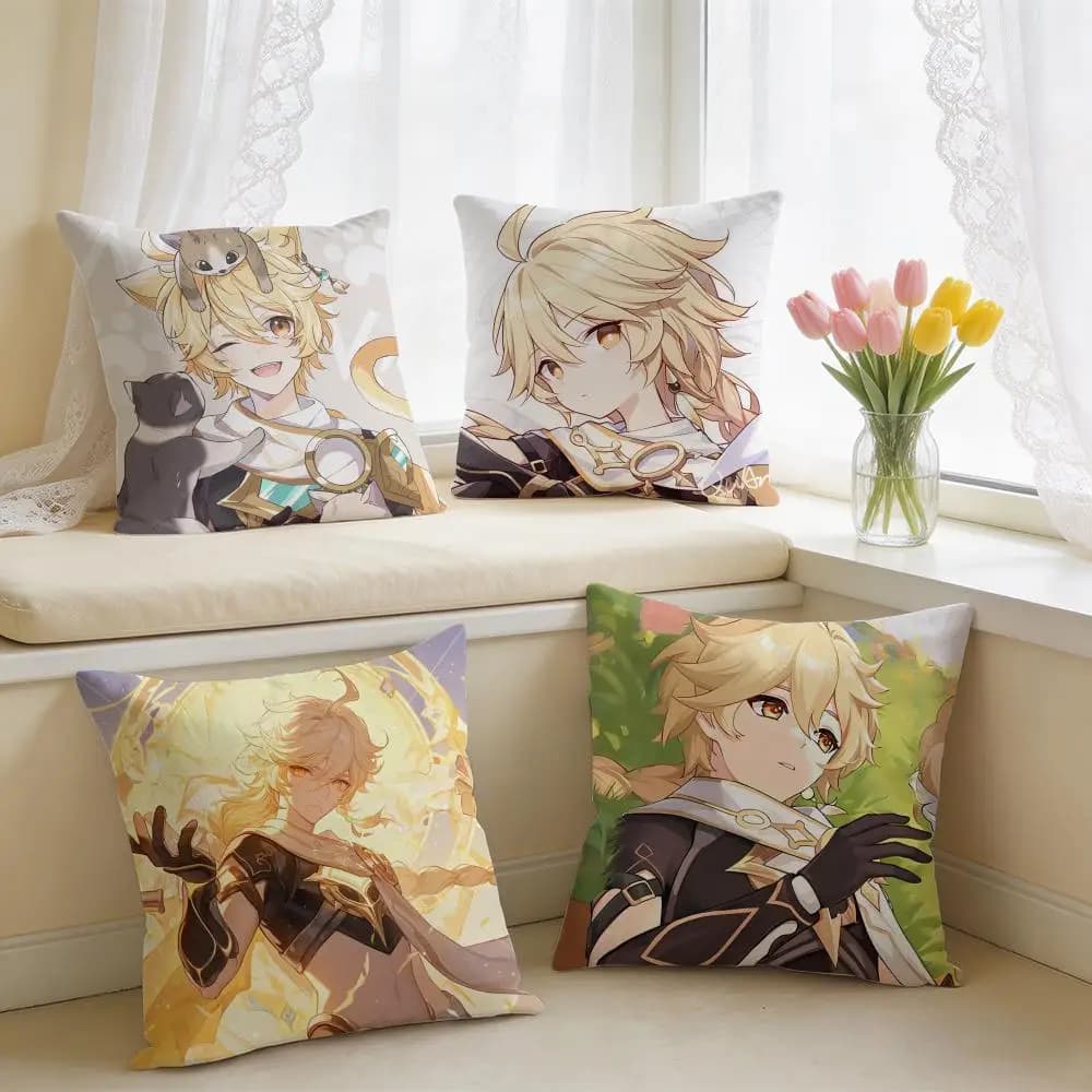 Aether Cute Genshin Impact Cushion Cover Square Short Plush Pillow Case Living Room Sofa Home Decor Funda 40X40