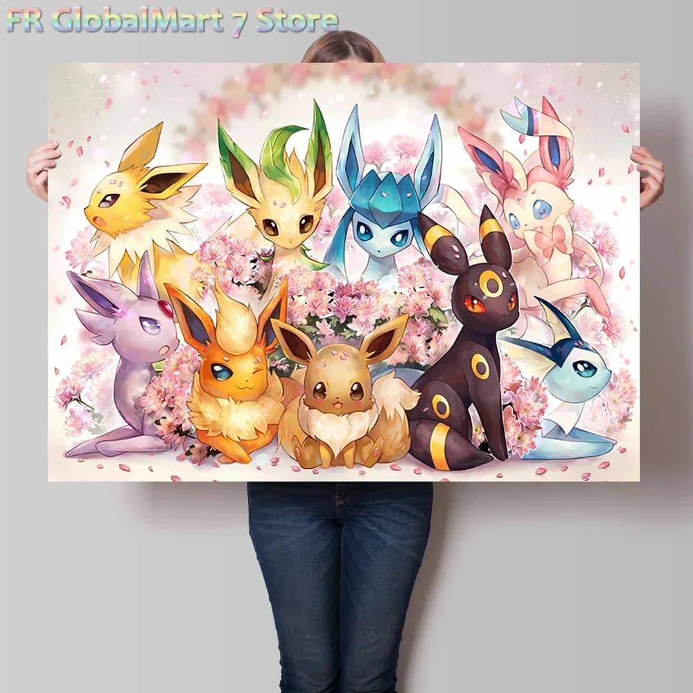 Diamond Painting Cross Stitch Pokemon Eeveelutions Decorative Painting Cute Eevee and With Floral Elements High - Quality Wall