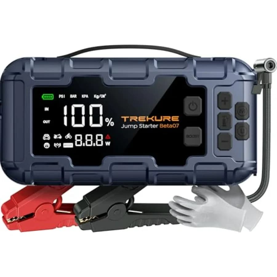 Avviatore di Emergenza 10-in-1 per Auto con Cavi di Avviamento e Guanti, per Tutti i Motori a Benzina 12L e Diesel, Caricabatterie Portatile 8000A con Compressore d'Aria