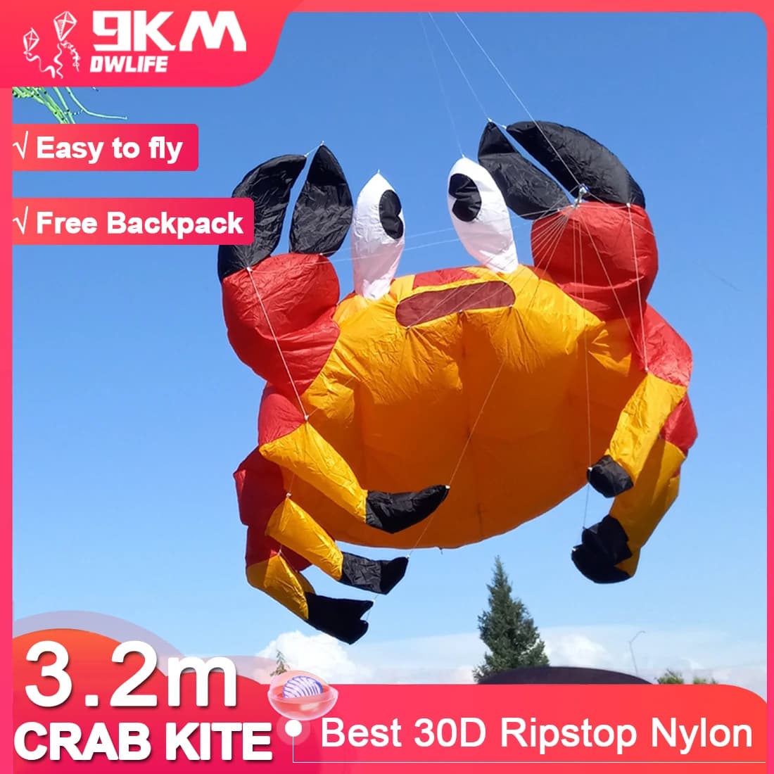 9KM 3.2m Crab Kite Line lavanderia aquilone ciondolo morbido spettacolo gonfiabile aquilone per Kite Festival 30D Ripstop Nylon con borsa