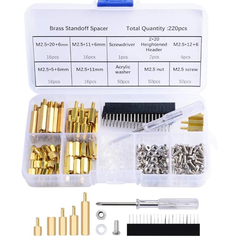 220pcs M2.5 Male Female Standoffs Brass Spacer Hex Column Screw Nut Assortment with Acrylic Washer Screwdriver for Raspberry Pi