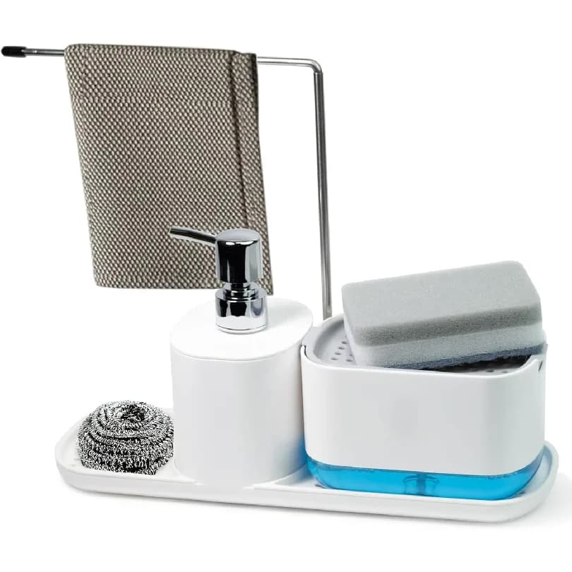 Dispenser 4-in-1 per Sapone per Piatti e Mani - Pratico Organizzatore per Lavello da Cucina con Vassoio e Porta Spugna