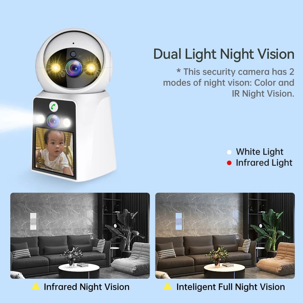 Monitor per Bambini DIFANG, Telecamera di Sicurezza Intelligente con 2 Lenti, Doppio Schermo, Yoosee 4K HD, Video Bidirezionale, Rilevamento del Movimento, Visione Notturna