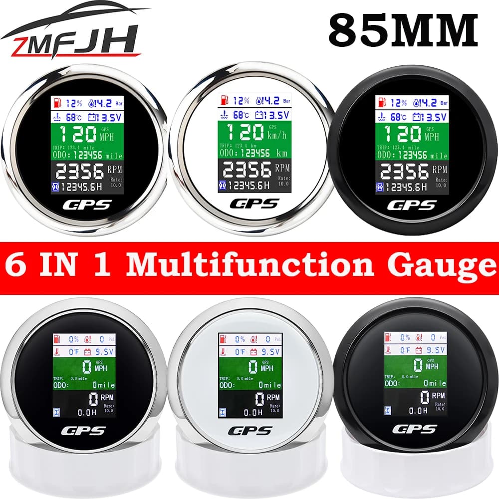6 in 1 85mm Gauge Water Temperature Fuel Level Gauge with GPS Antenna For Boat Car Motorcycle Digital GPS Speedometer 9-32V