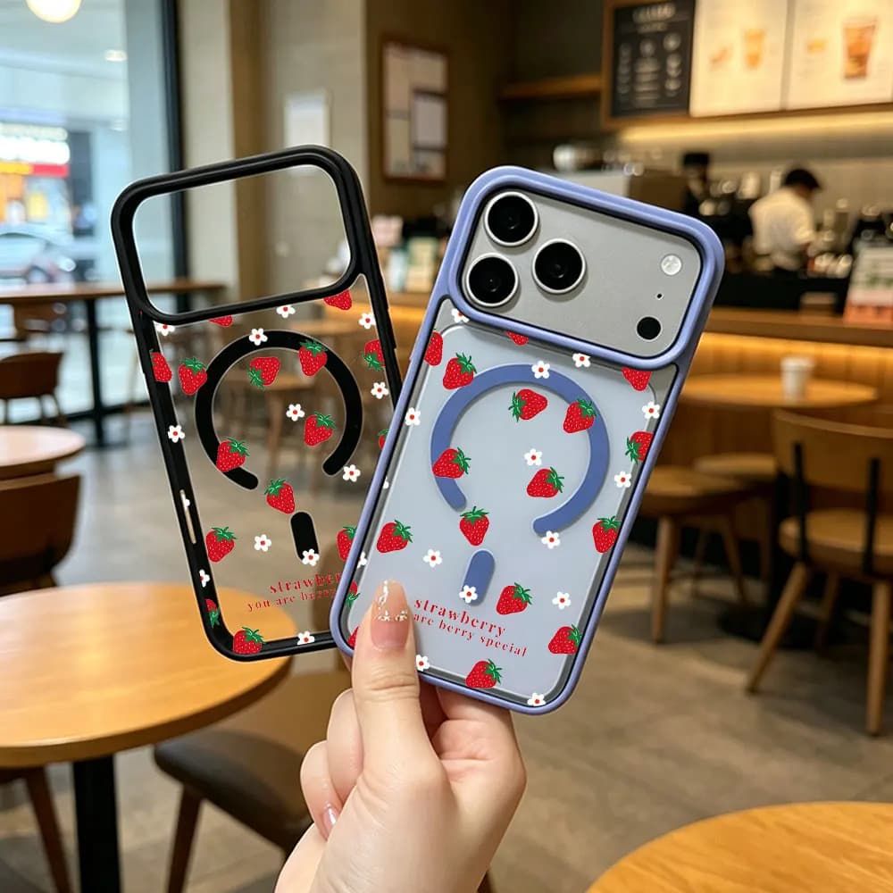 Strawberry Pattern Magnetic Charging Clear Phone Case For iPhone17 16 15 14 13 12 11 Pro Xs Max Plus Air Mini X XR 17e 16e Cover