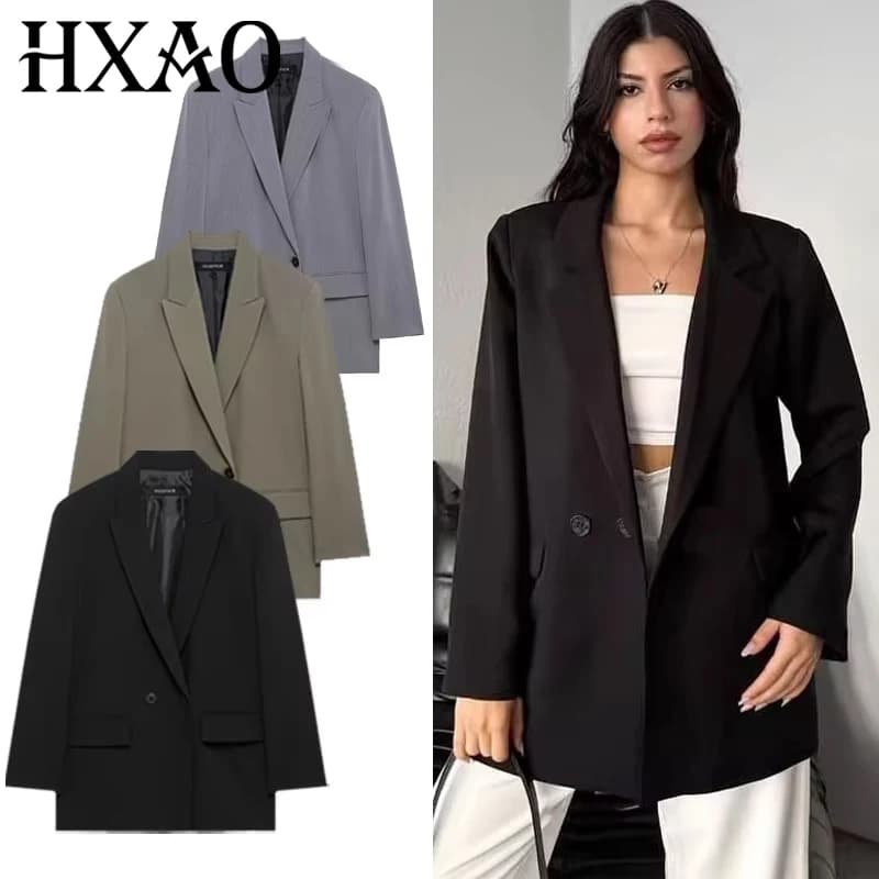 HXAO Women's Blazer Spring Office Wear Woman Outerwears Black Green Gray Blazer Long Sleeve Coats Blazers Fitted Suit Jacket 066