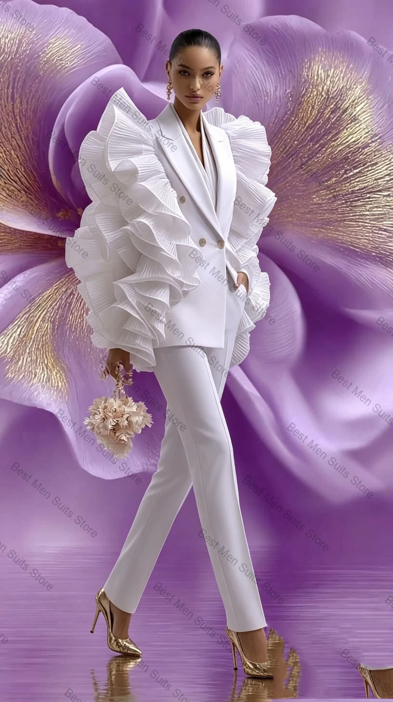 Completo da Donna Bianco 2 Pezzi: Blazer e Pantaloni, Giacca Formale da Ufficio con Maniche a Sbuffo, Abito Personalizzato per Matrimonio
