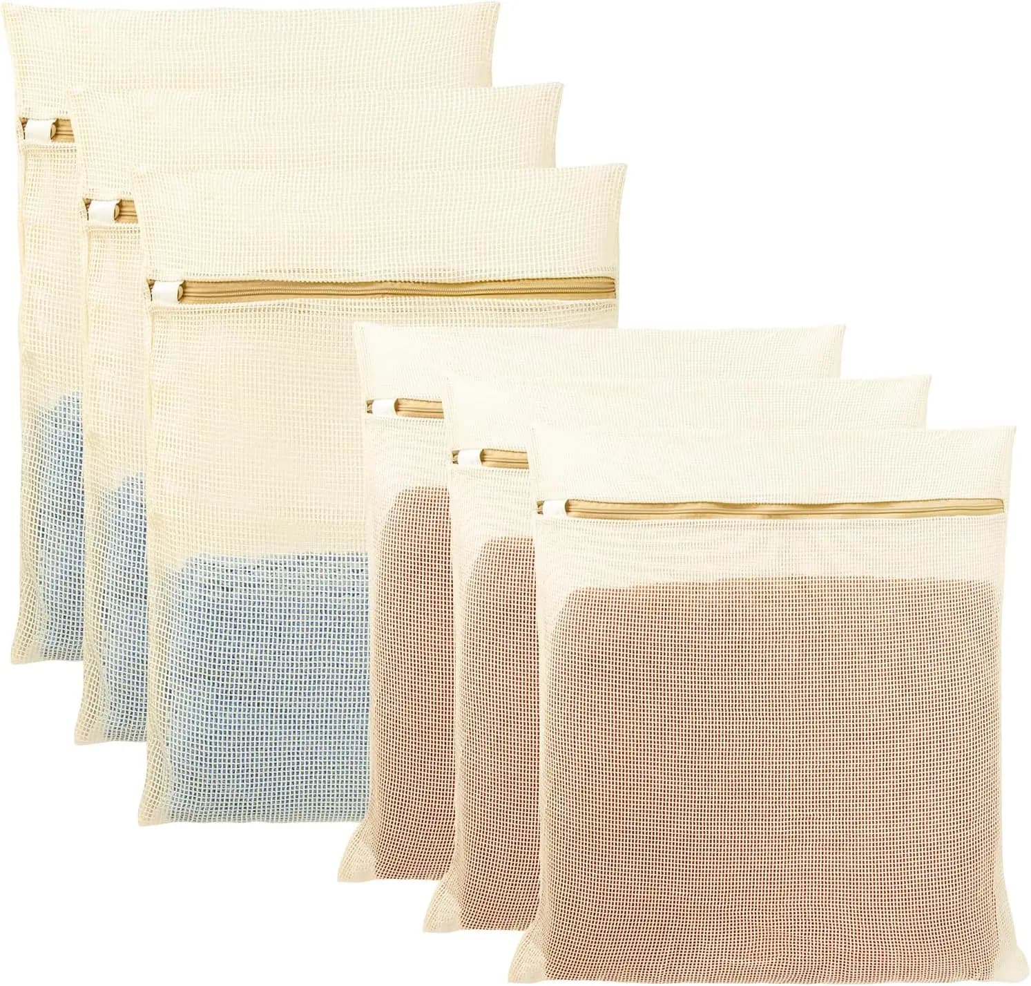 6 Sacchetti per Bucato in Cotone Organico a Rete per Capi Delicati, Sacchetti Lavabili Resistenti, Cerniera Robusta, 3 Grandi 3 Medi