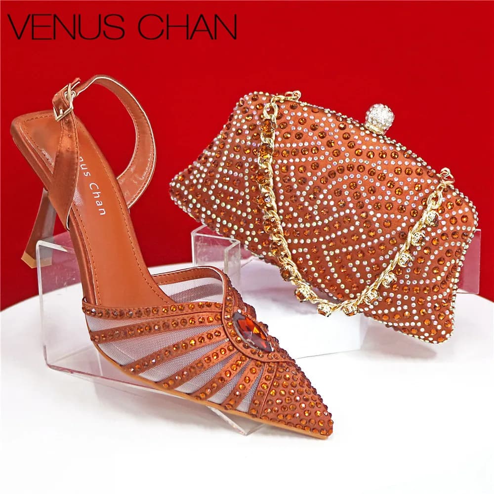 Scarpe e borsa da donna per feste da donna con strass tempestati di design italiano Nigeria Mini borsa in oro da donna con tacco alto