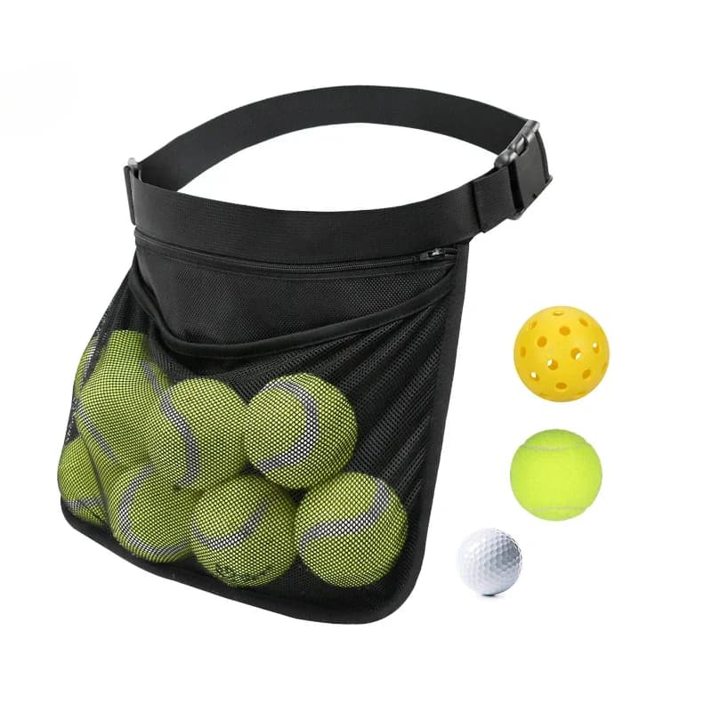 Porta pallina da tennis in rete, cintura regolabile, marsupio per palline con tasca con cerniera per accessorio pickleball per donne/uomini/adolescenti