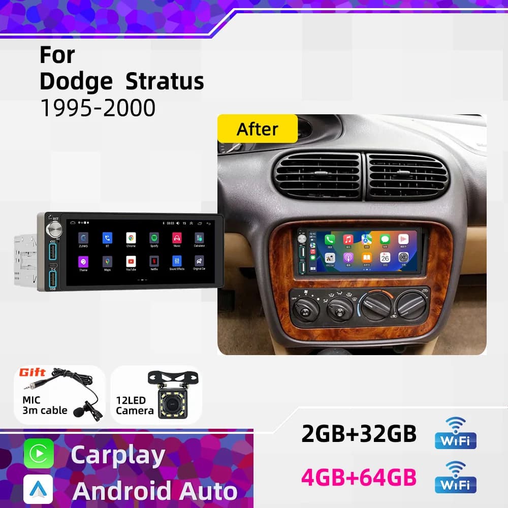 Wireless CarPlay Android Car Stereo 6.86" 1 Din Head Unit for Dodge Stratus 1995-2000 Radio GPS Multimedia