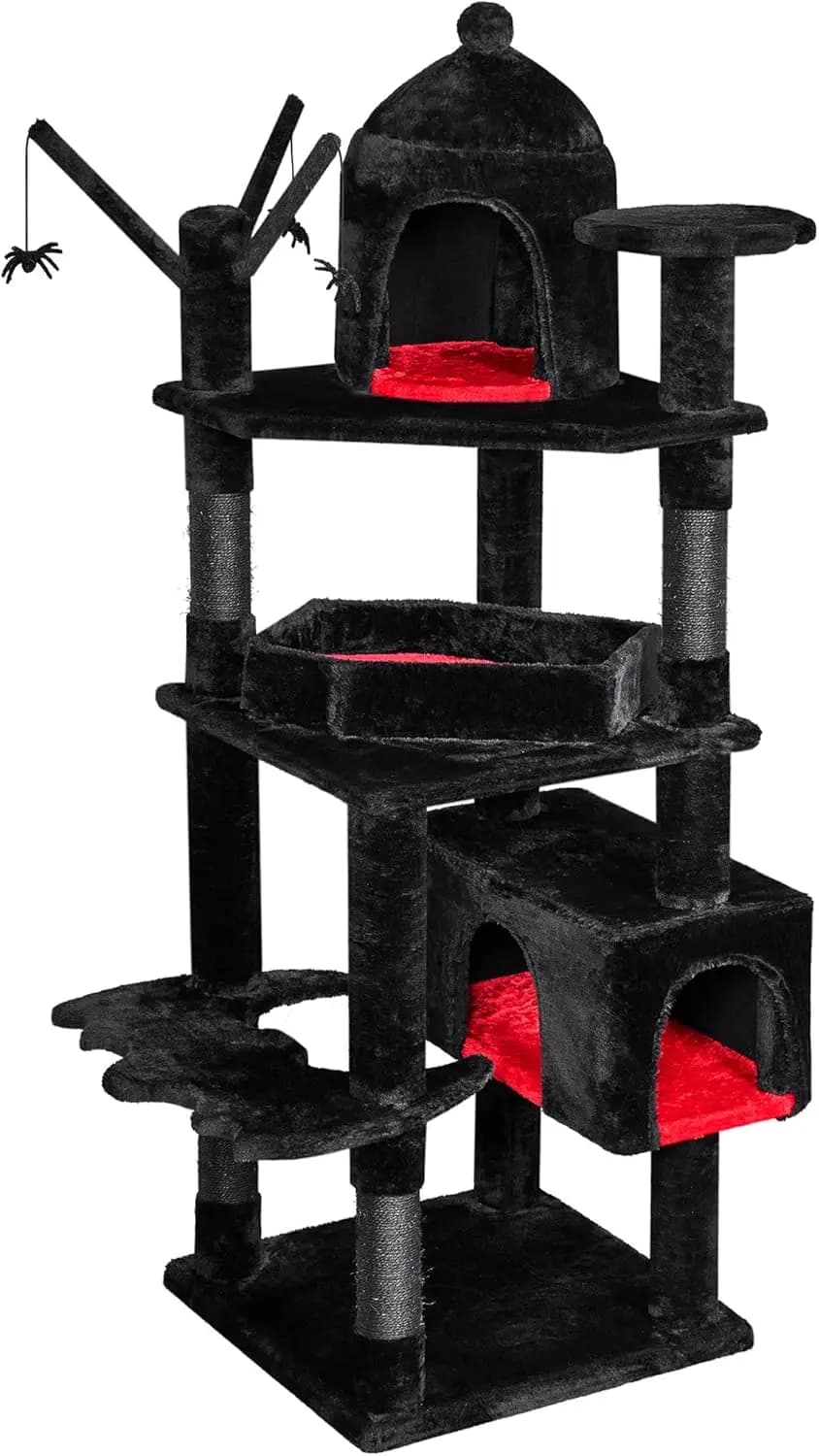 Albero per gatti gotico con letto a forma di bara, torre per gatti di grandi dimensioni da 63 pollici per gatti di oltre 9 kg, design nero e rosso