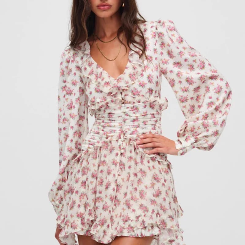 Boho Floral Print Volant Mini Women's Dress Button Front Long Sleeve V-neck Spring Dresses 2025 Holiday Dress Short Dresses