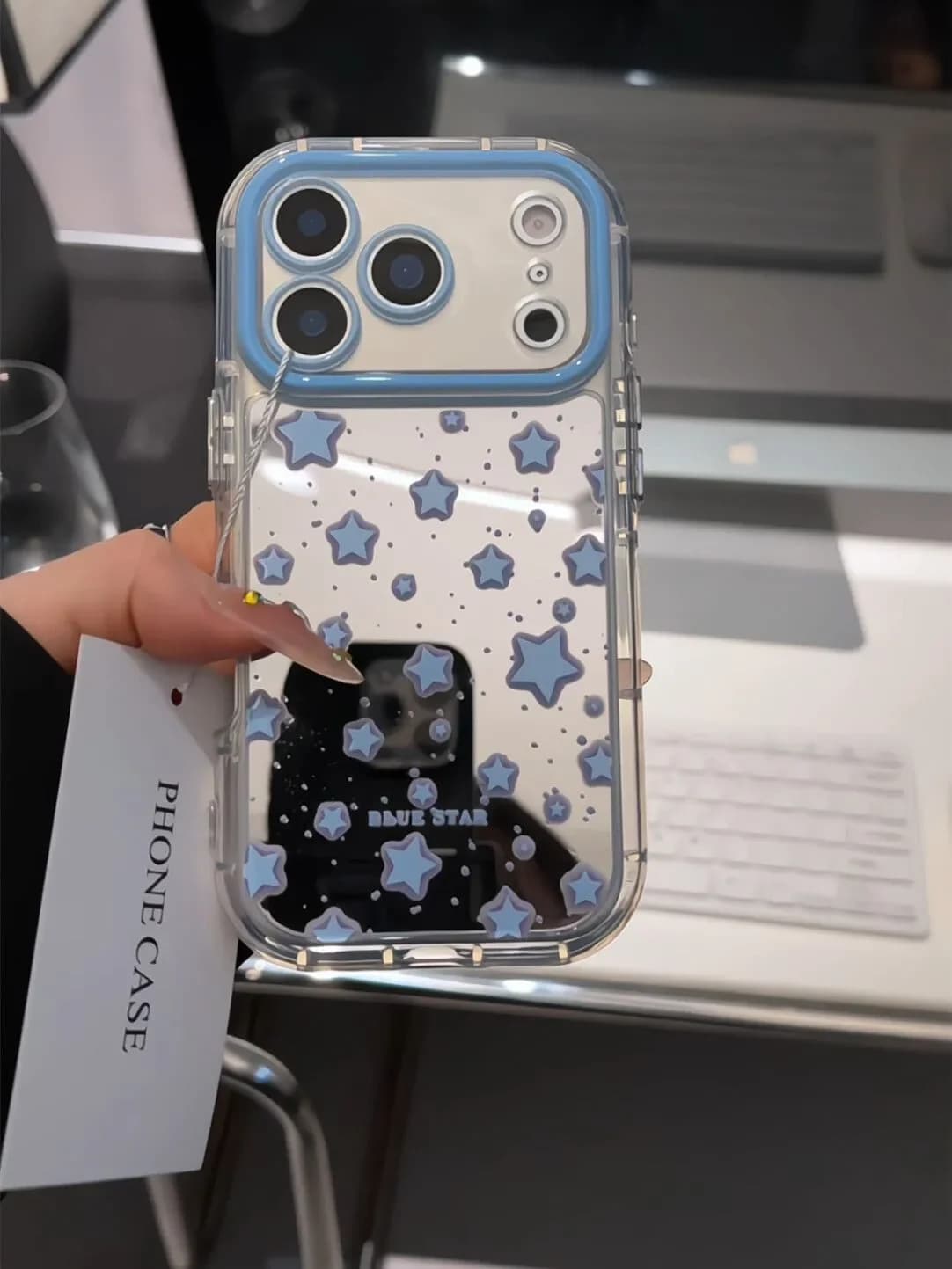 Full Screen Blue Stars Makeup Mirror Phone Case For iPhone 18 17 16 15 14 13 12 11 Pro XR XS Max 7 8 Plus 17air Shockproof Cover