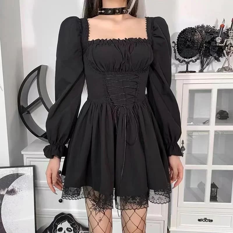 2026 Long Sleeves Lolita Black Dress Goth Aesthetic Puff Sleeve High Waist Vintage Bandage Lace Trim Party Gothic Clothes WD620
