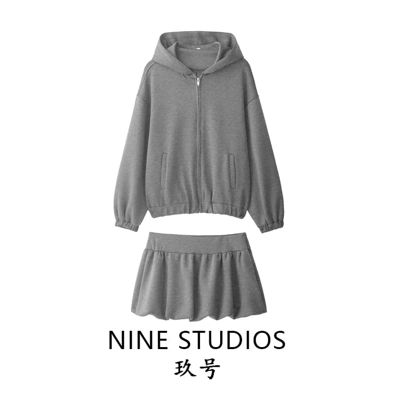 NINE ZAR Set Donna con Felpa con Zip e Gonna a Vita Alta, Stile Europeo, Collezione Invernale