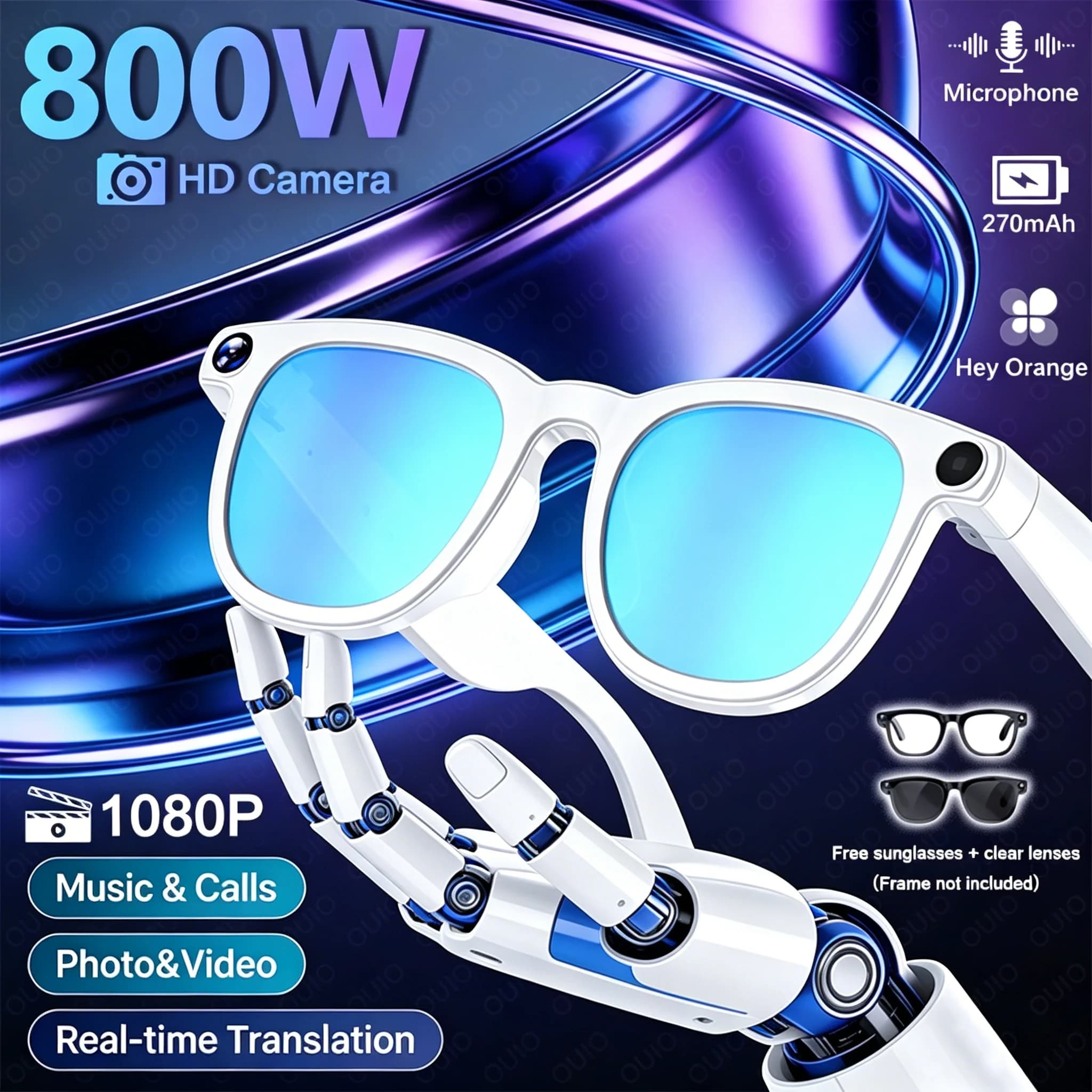 Nuovi Occhiali Smart AI 2026 con Fotocamera HD 800W, Registrazione Foto e Video, Traduzione, Assistente AI per Ufficio, Musica e Chiamate Wireless