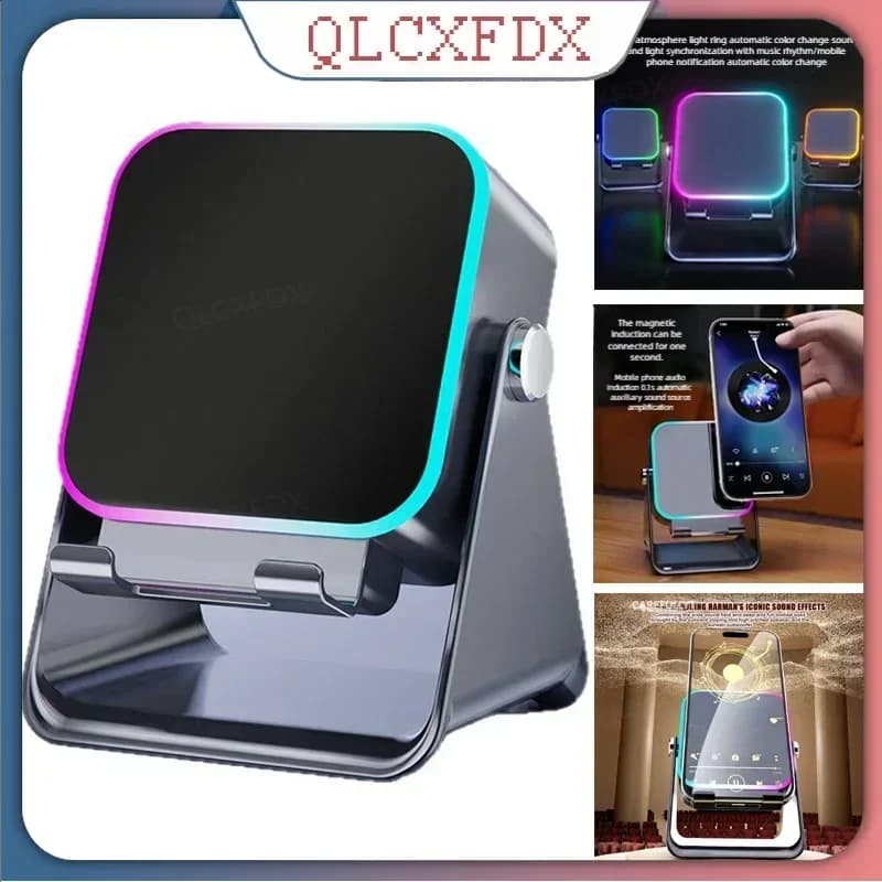 Staffa audio portatile da 5000 mAh Supporto per telefono pieghevole aggiornato con altoparlante a induzione e luce per scrivania, casa, ufficio, arredamento da viaggio