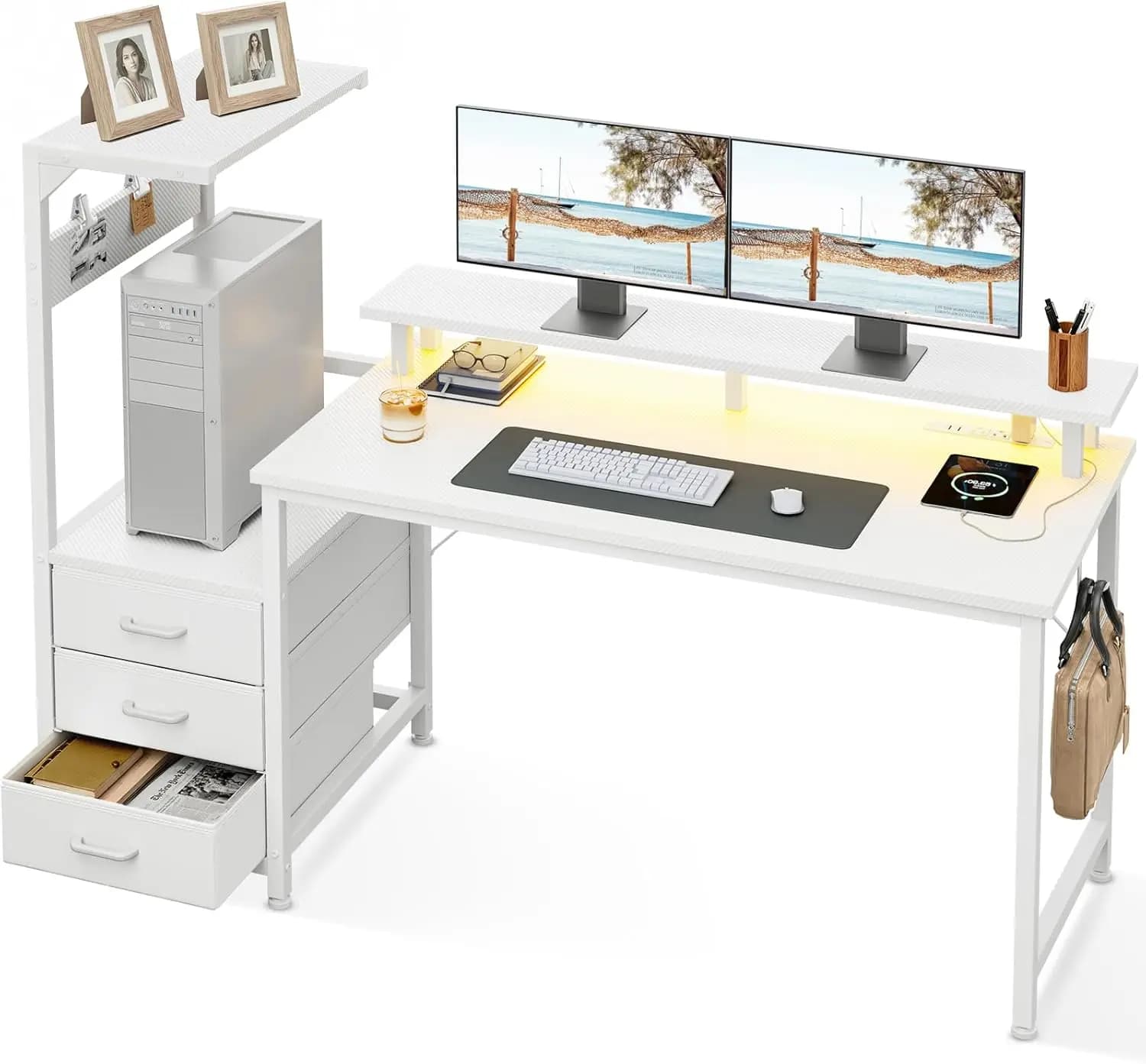 Scrivania da Gaming da 59 Pollici con Porte USB, Luce LED, Ripiani Portaoggetti e Supporto per Monitor - Tavolo Moderno Reversibile per Gamer