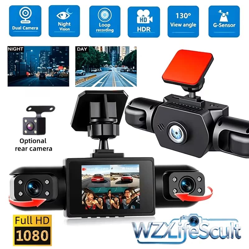 3/4 Channel Panoramic Dash Cam, 1080P Front 720P Interior Rear, IR Night Vision, G-Sensor & 24H Parking Monitor