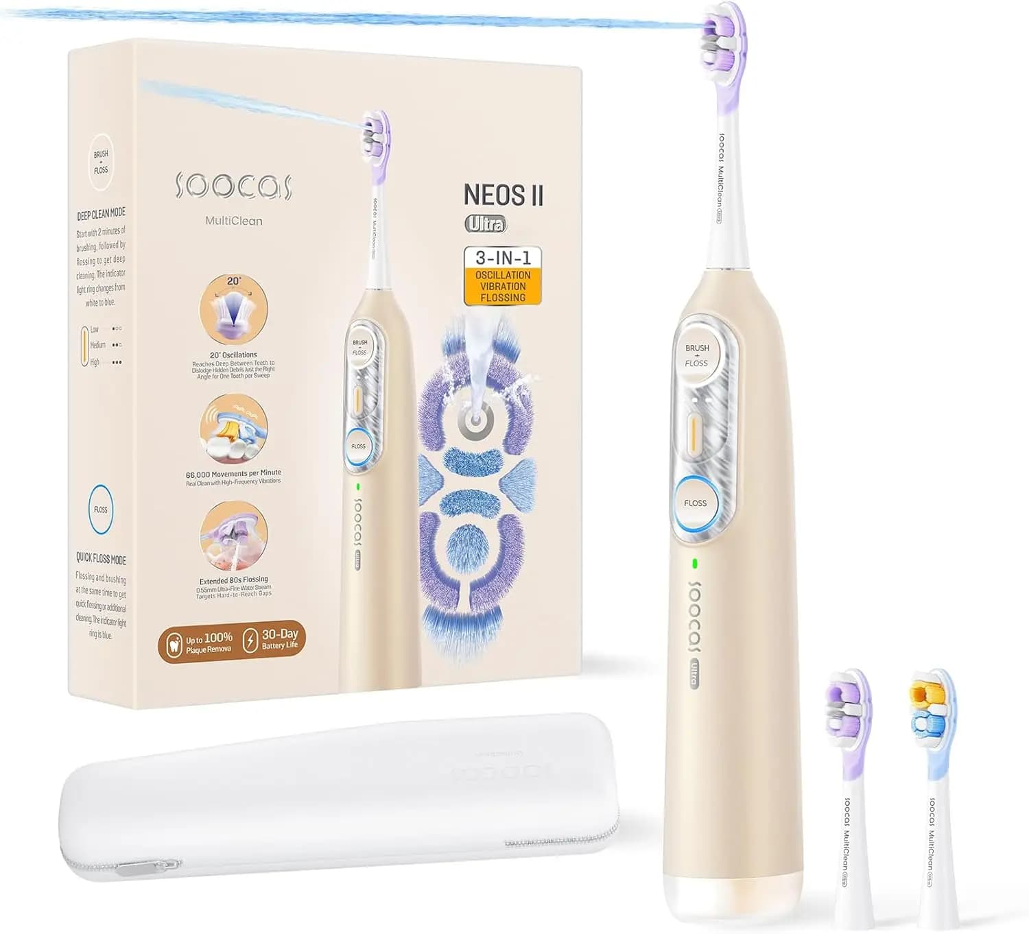 3-in-1 Electric Toothbrush with Waterdropper - Kit for Hygiene Wireless Travel Oral, Champagne Gold