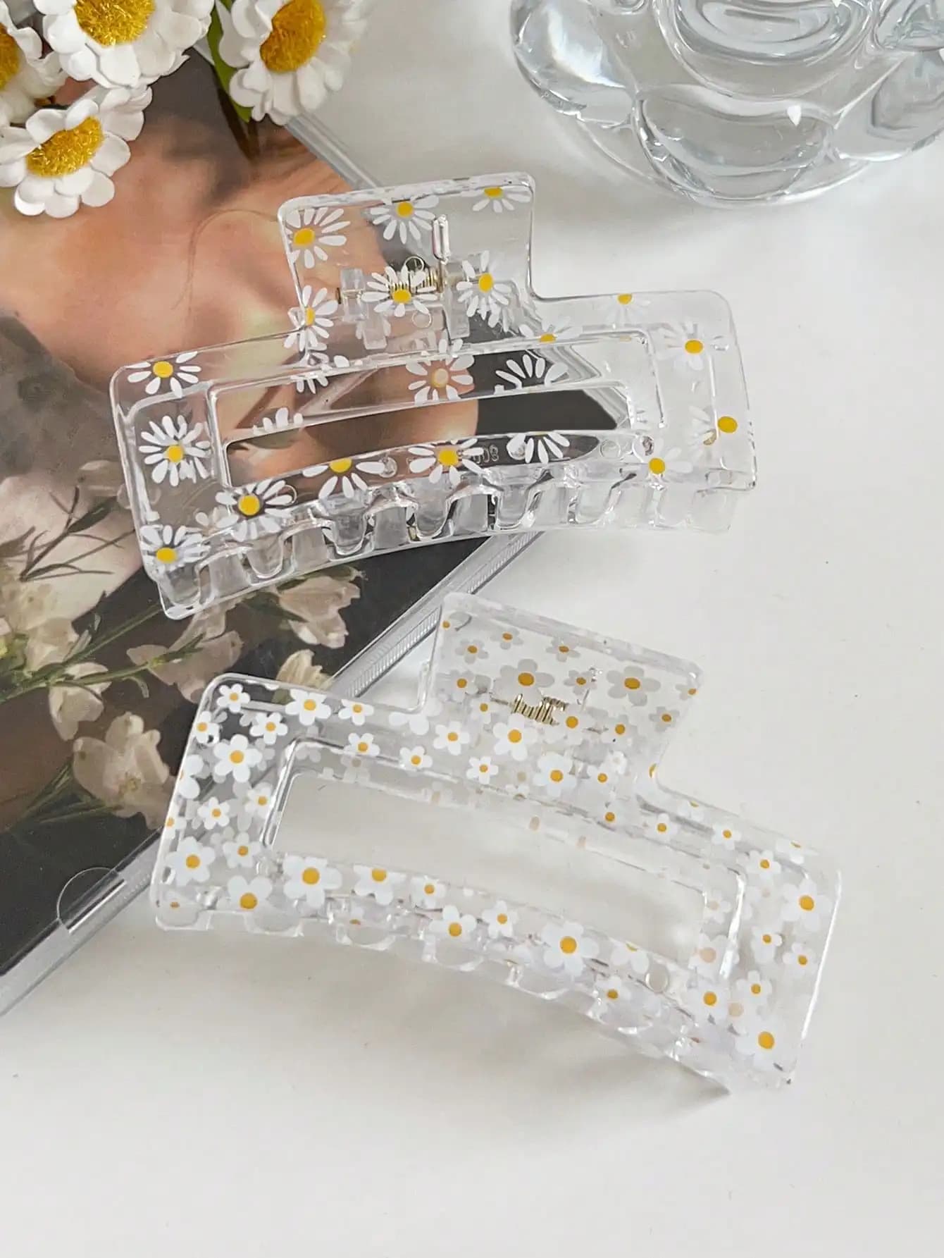2/6 pezzi fermagli per capelli con stampe floreali trasparenti per donne, grande forcina per capelli da 3,4 pollici per capelli sottili e spessi, clip a banana, clip per mascella a tenuta forte