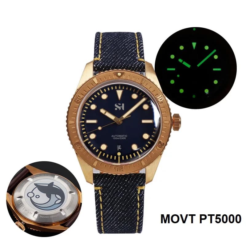 Orologio da uomo in bronzo da 42mm orologio da polso meccanico a vento a mano gabbiano PT5000 movimento CuSn8 custodia zaffiro cinturino in Denim luminoso Freeship