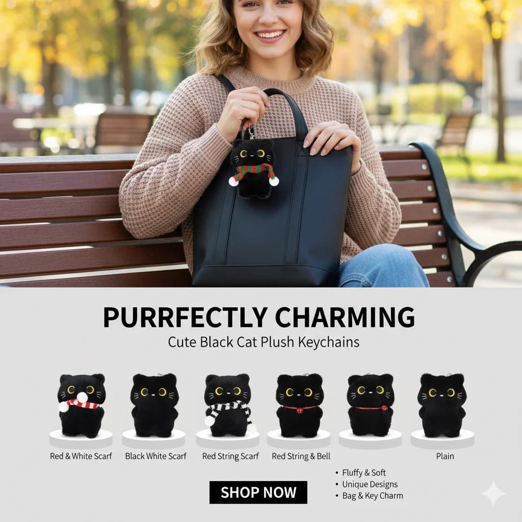Portachiavi Gatto Nero con Occhi Gialli, Peluche con Sciarpa e Campanello, Ciondolo per Borsa, Regalo per Amanti dei Gatti, Accessori Carini e Kawaii