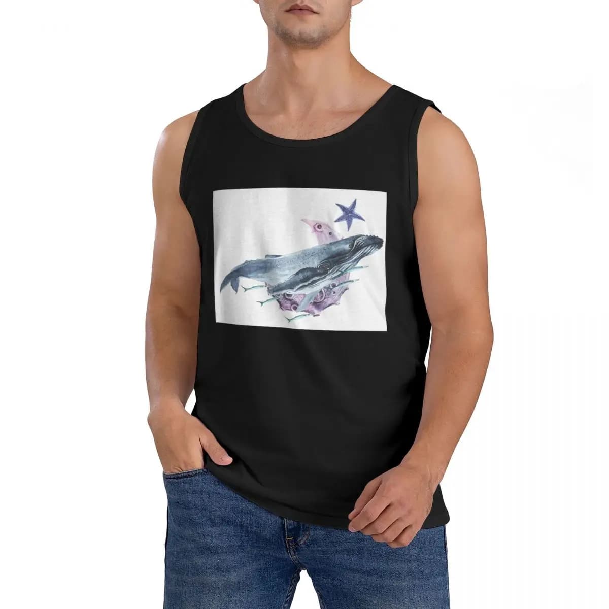T-shirt senza maniche in cotone 100% con orca, balena e delfino, vita marina, abbigliamento sportivo da uomo, gilet girocollo da uomo