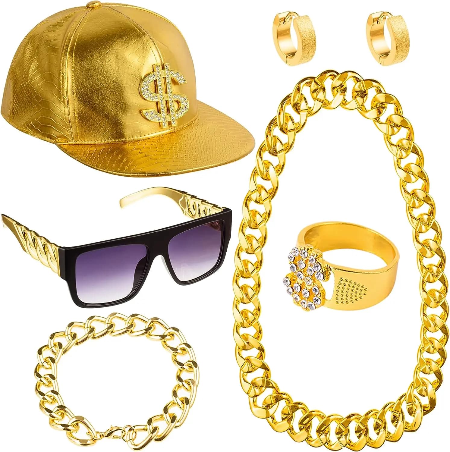 PESENAR anni '80 anni '90 Kit costume hip hop Catena di metallo Occhiali da sole flat top Rapper Collana a catena grande e bracciale Hip Hop Berretto dorato