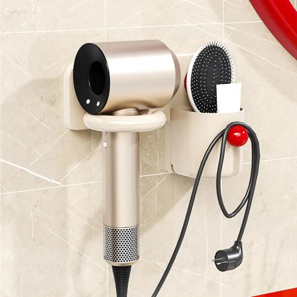 Hair Dryer Comb Holder Hair Dryer Holder with Storage Box Wall Mounted Bathroom Organizer with Cord Winding Design No Drilling