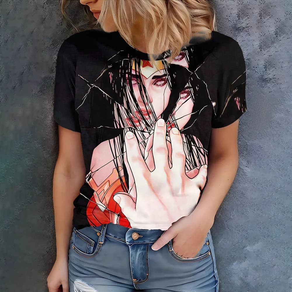 T-shirt nera stile manga da donna - Design audace moderno e casual estivo girocollo a maniche corte adatto per gli appassionati della cultura pop