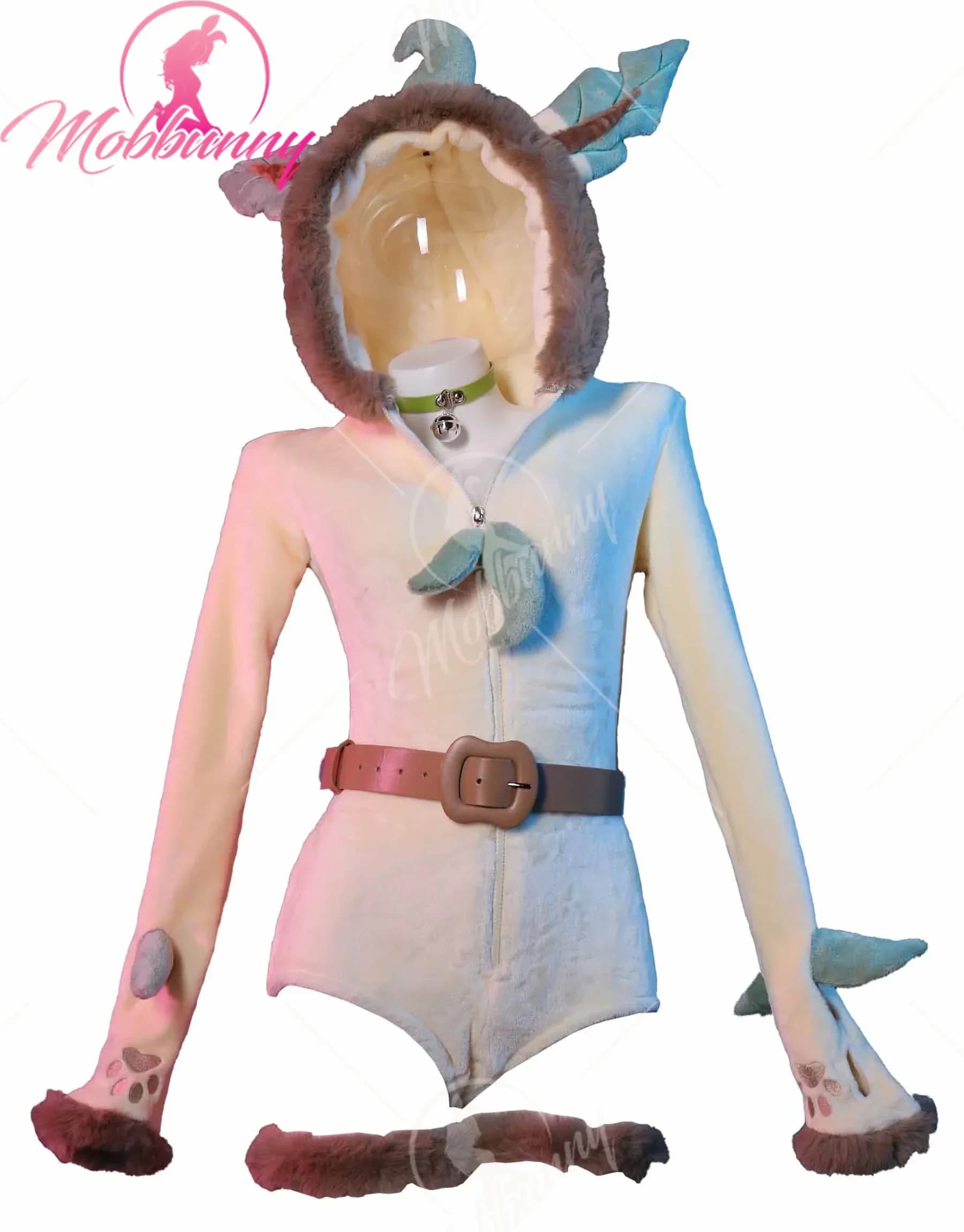 Mobbunny PM Derivative Fluffy Bodycon Romper Sexy Lingerie Yellow Furry Hooded Jumpsuit Homewear with Tail Belt and Socks