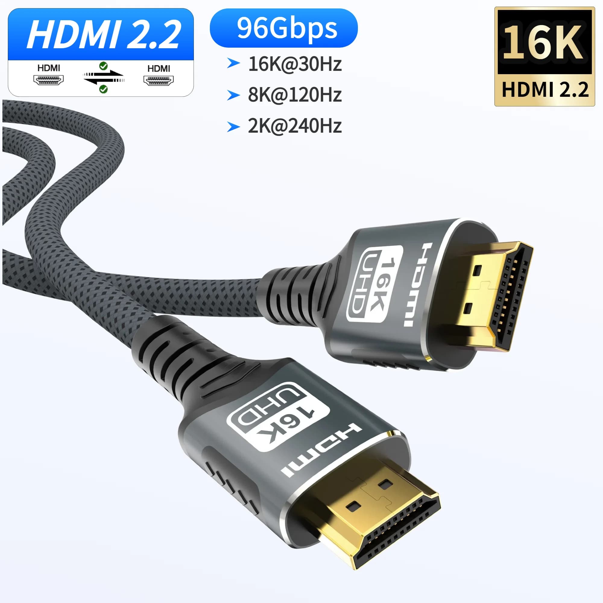 Cavo HDMI 2.2 16K 10K 8K 96Gbps Intrecciato, Supporta 4K@240Hz 8K@120Hz, HDCP 2.2&2.3 HDR Dinamico eARC per Roku TV/HDTV/PS5