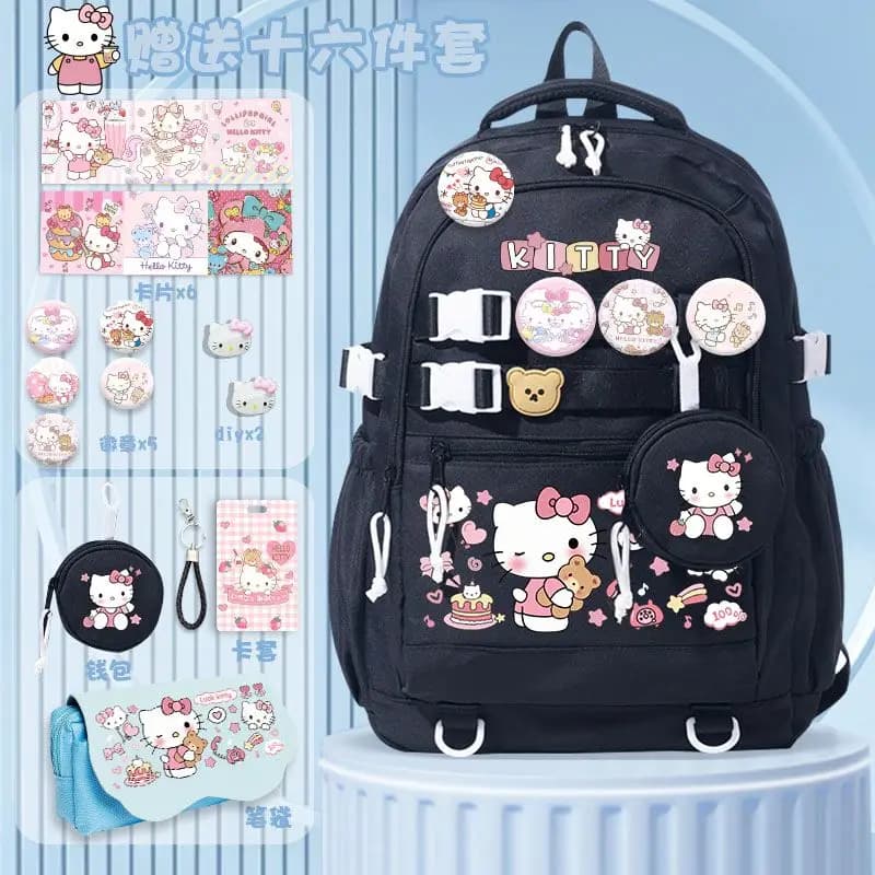 Black Hello Kitty with 16Pcs Accessories Set, Cute Cartoon Waterproof Large Capacity Bookbag with Badges Coin Purse Pencil Case