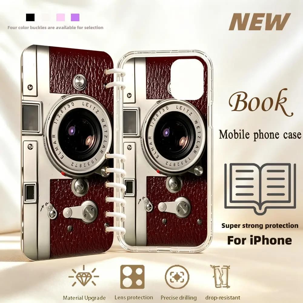 Retro camera pattern Book-style All-inclusive phone case for iPhone 17、16、15、14、13、12、11pm Pro Plus Double-sided Dropresistant