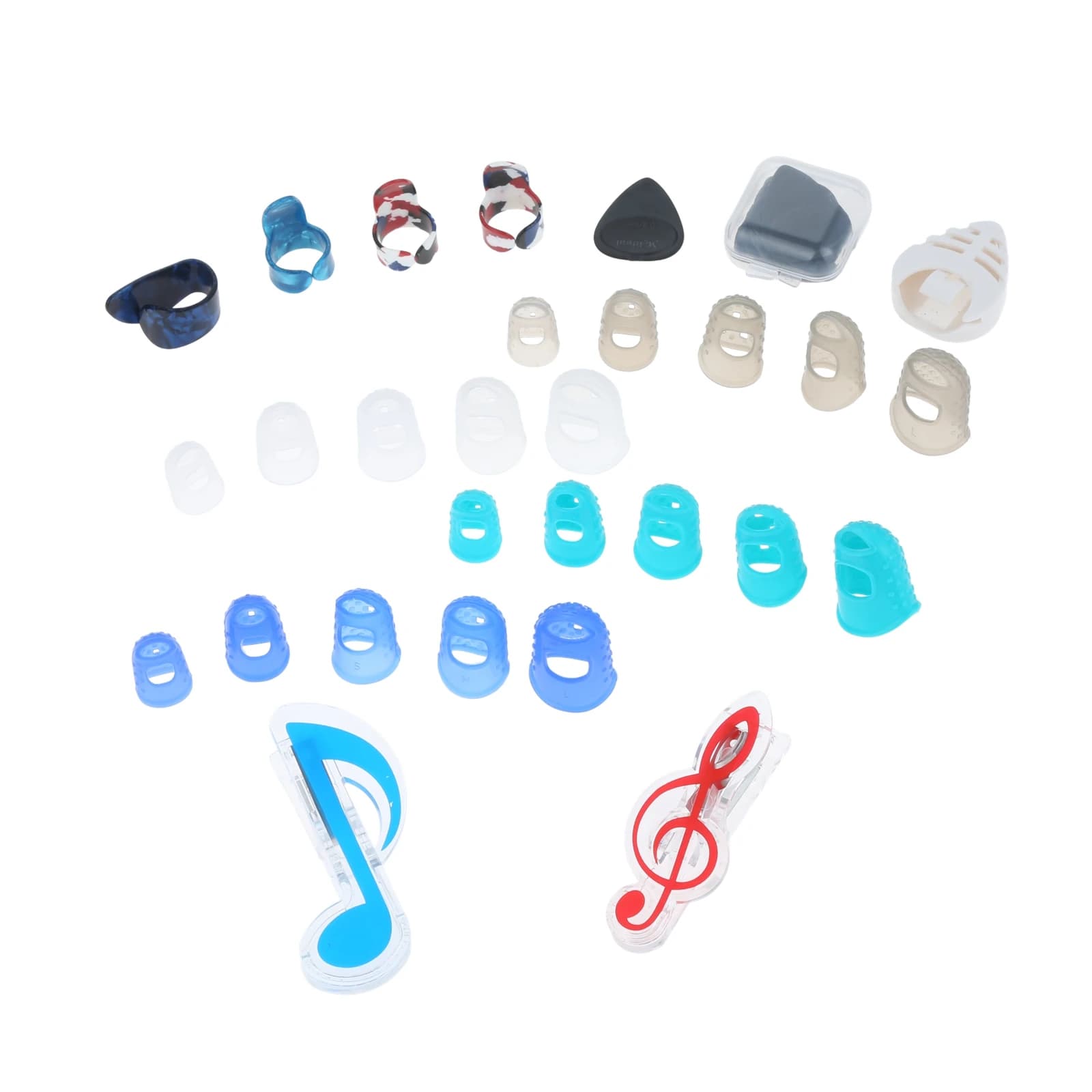 Parti per chitarra Protezioni per dita in silicone Plettri Plettri per dita Porta plettro Libro musicale Clip per pagina Scatola di plastica per principianti