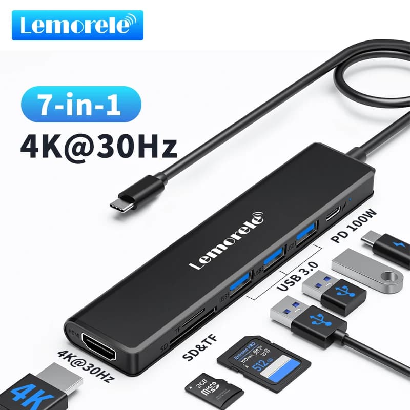 Lemorele HUB USB 7 in 1 a HDMI Adattatore USB 3.0 a doppio display 4K @ 30Hz con docking station SD TF PD 100W per hub Windows Mac