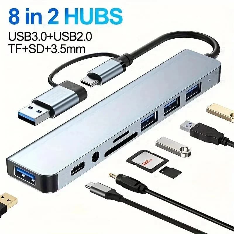 Hub USB 8 in 2 con lettore di schede splitter Porta USB C Docking station per lettore di schede SD TF USB 30 20