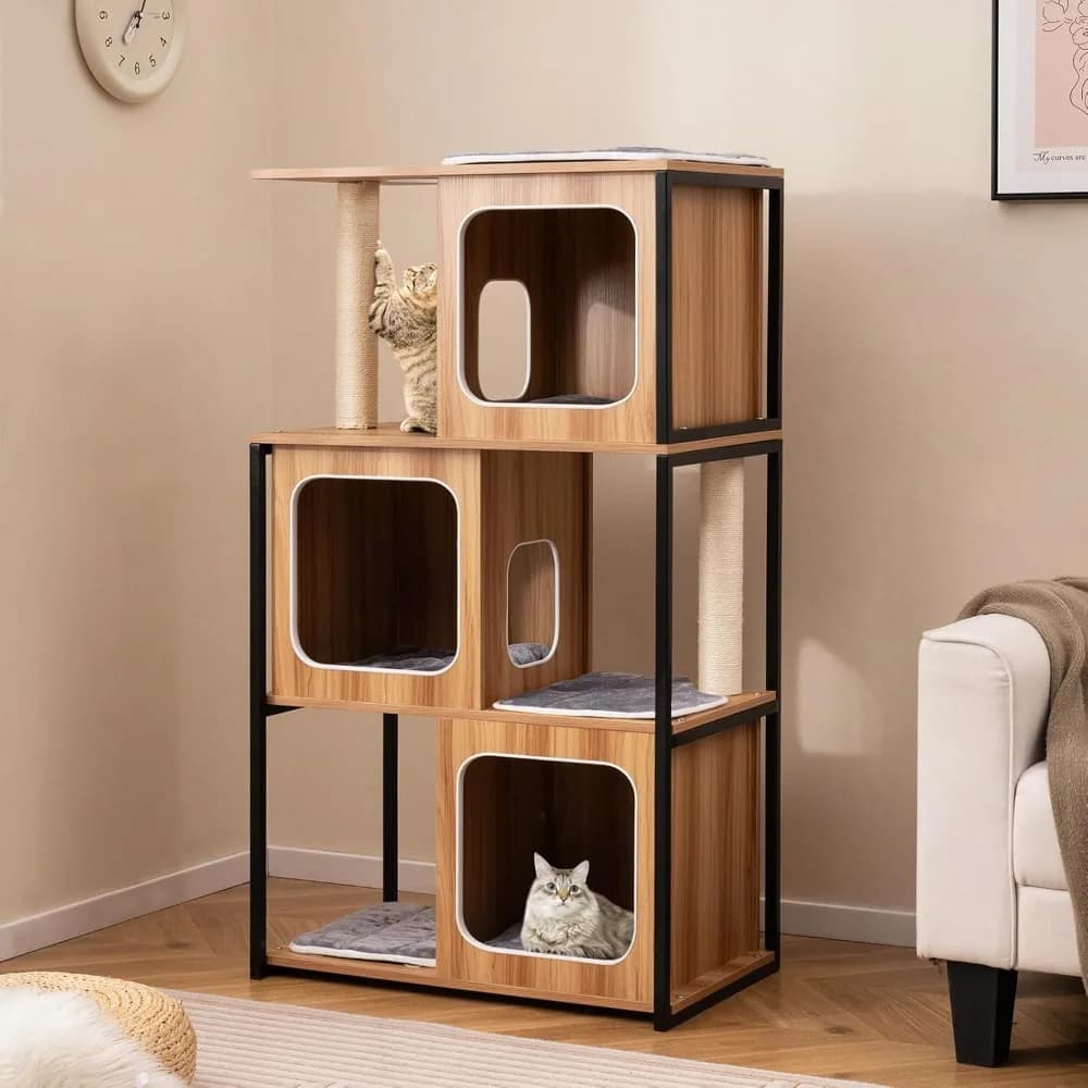 Albero per Gatti in Legno da 52 Pollici per Interni, Torre per Gatti Multi-Livello con Struttura in Metallo Solido e Tiragraffi in Sisal, Personalizzabile